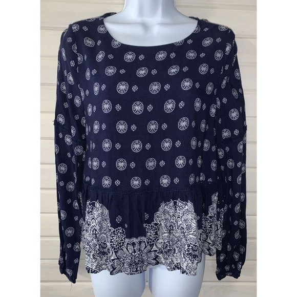 Wild Blue Sadie Robertson Sz MEDIUM Blouse Boho Tunic Rayon Blue Peplum EUC - Picture 2 of 9